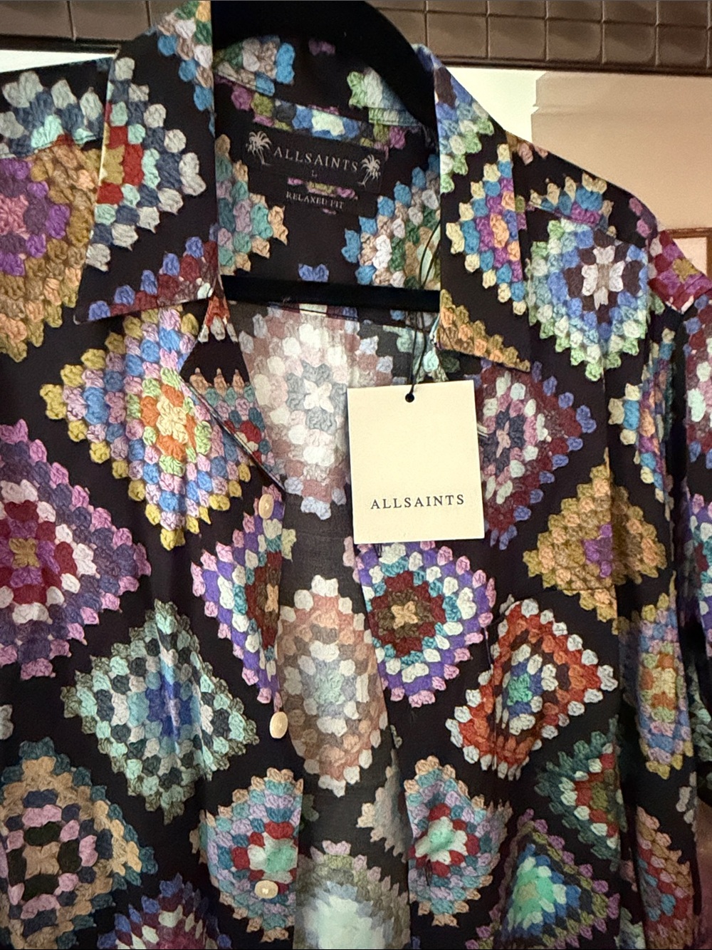 All Saints Black Short Sleeve shirt with Multicolor Geometric Quult Print - Picture 3 of 4
